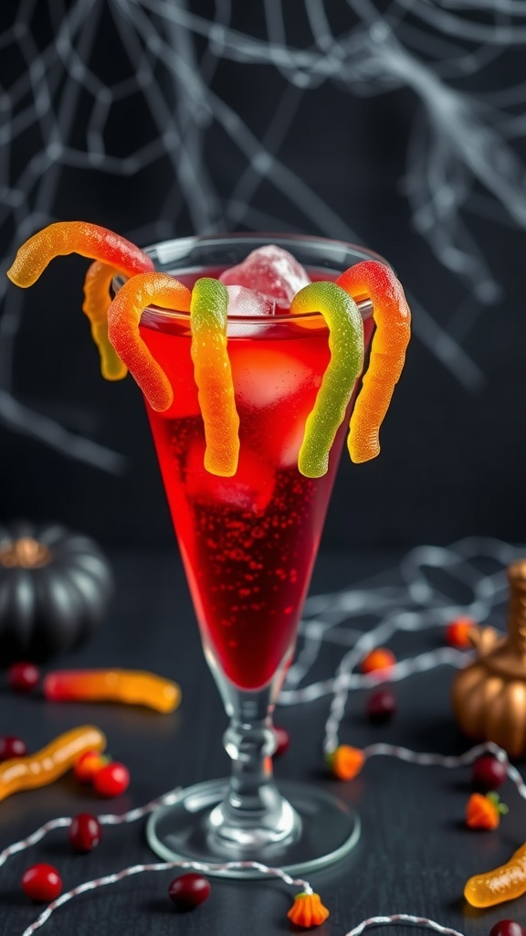 Creepy Cranberry Splash Mocktail in a glass with gummy worms, set in a Halloween-themed setting.